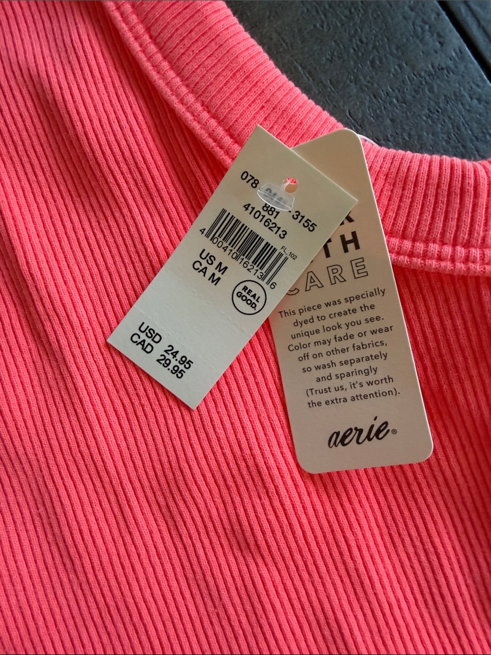aerie Ribbed Tank Top - Neon Coral Pink - Picture 3 of 4